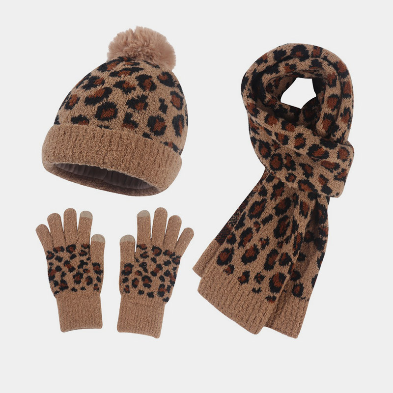 H00030 Pălărie cu imprimeu leopard Esarfă Mănușă Costum tricotat
