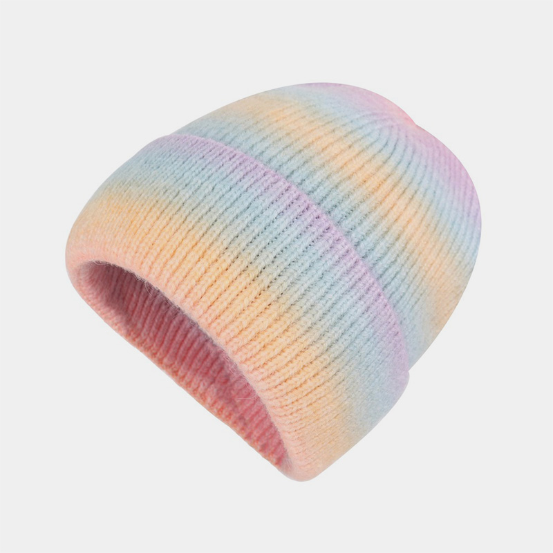 H00031 Pălărie tricotată din acril curcubeu, vopsită în cravată, multicolor