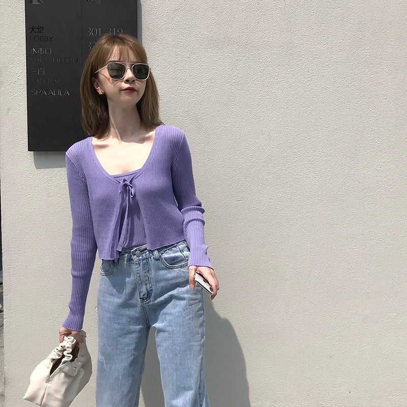 SM-K0050 Vestă tricotată cu curea de umăr subțire din in, Set din două piese cardigan tricotat