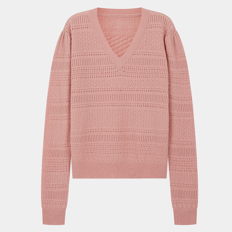 ML2202 Pulover tricotat cu decolteu în V, roz, din piele