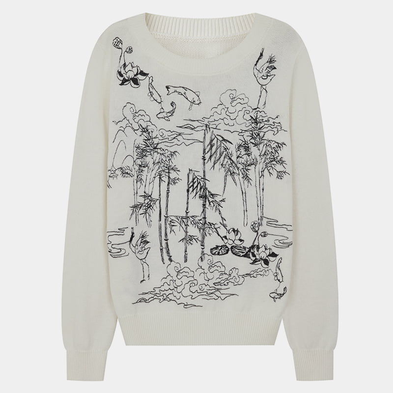 ML2209 Pulover tricotat cu decolteu rotund, broderie moale cu doodle