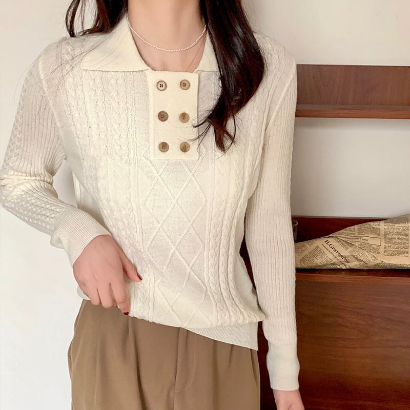 SM-K0026 Pulover tricotat cu mânecă lungă, cu rever mic, pentru femei SM-K0026 Pulover tricotat cu mânecă lungă, cu rever mic, pentru femei