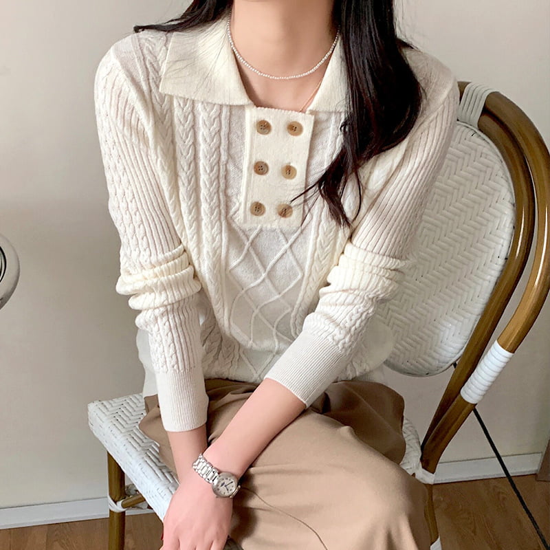 SM-K0026 Pulover tricotat cu mânecă lungă, cu rever mic, pentru femei SM-K0026 Pulover tricotat cu mânecă lungă, cu rever mic, pentru femei