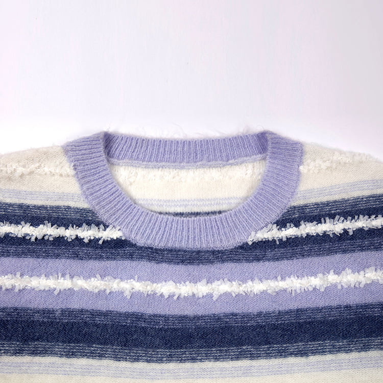 SM-K0047 Pulover tricotat cu gât rotund în dungi, cu mochiuri dulce SM-K0047 Pulover tricotat cu gât rotund în dungi, cu mochiuri dulce