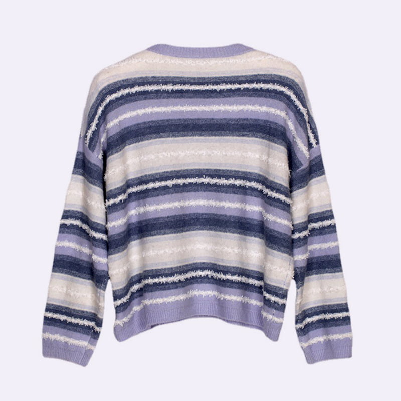 SM-K0047 Pulover tricotat cu gât rotund în dungi, cu mochiuri dulce SM-K0047 Pulover tricotat cu gât rotund în dungi, cu mochiuri dulce