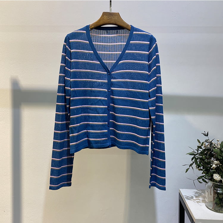 SM-K0001 Îmbrăcăminte exterioară de vară pentru femei, cardigan coreean din tricot cu blocuri solare în dungi
