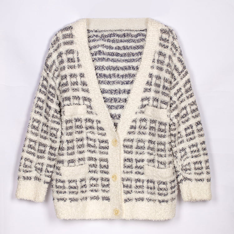 SM-K0041 Cardigan în carouri alb-negru, mic, parfumat, din tricot mohair, stil coreean leneș