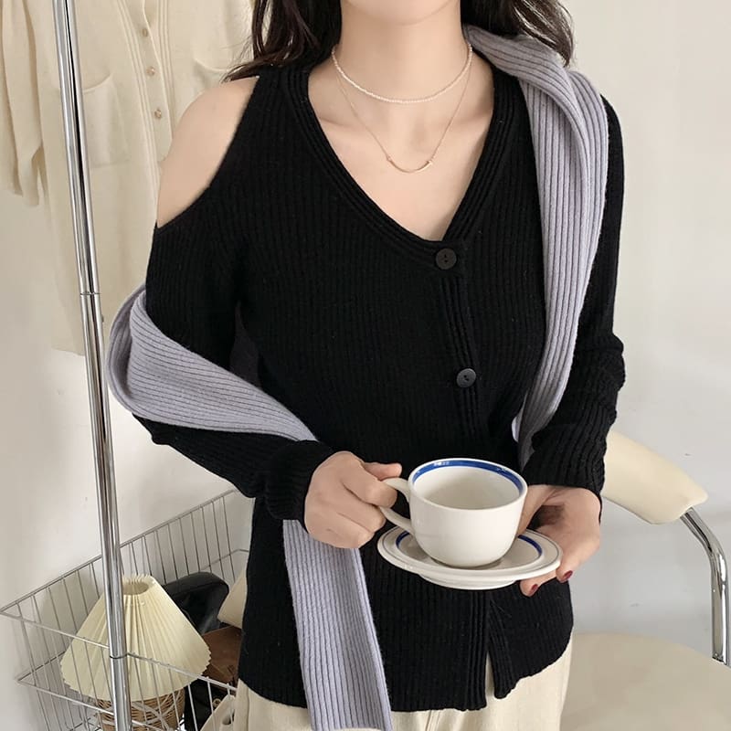 SM-K0022 Cardigan tricotat cu mâneci lungi, cu decolteu în V, fără umeri, subțire și nișă SM-K0022 Cardigan tricotat cu mâneci lungi, cu decolteu în V, fără umeri, subțire și nișă