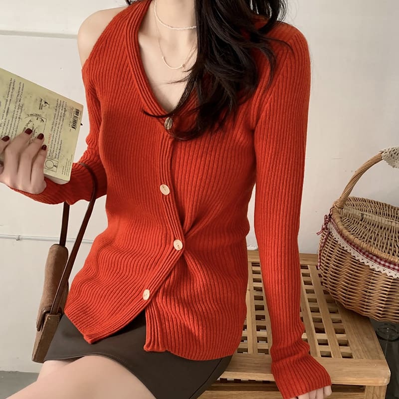 SM-K0022 Cardigan tricotat cu mâneci lungi, cu decolteu în V, fără umeri, subțire și nișă SM-K0022 Cardigan tricotat cu mâneci lungi, cu decolteu în V, fără umeri, subțire și nișă