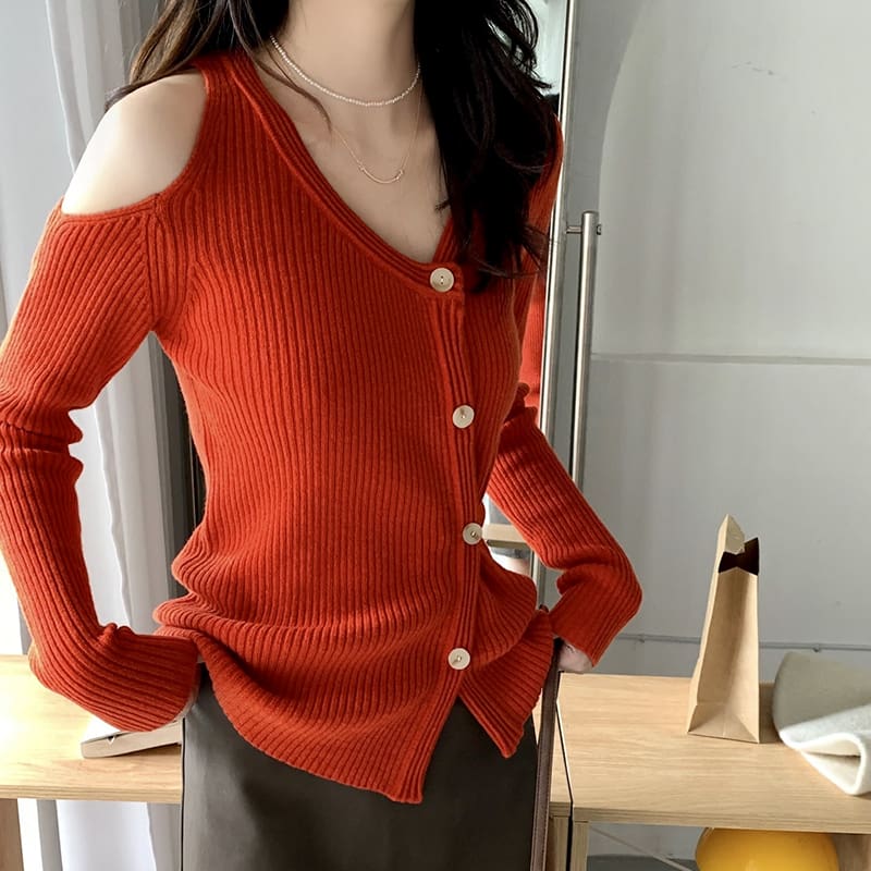 SM-K0022 Cardigan tricotat cu mâneci lungi, cu decolteu în V, fără umeri, subțire și nișă SM-K0022 Cardigan tricotat cu mâneci lungi, cu decolteu în V, fără umeri, subțire și nișă