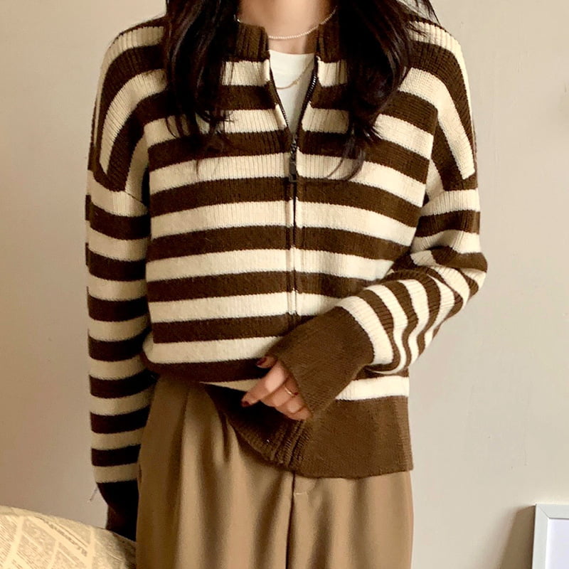 SM-K0029 Pulover de primăvară pentru femei cu gât rotund, pulover cu fermoar în dungi Cardigan tricotat