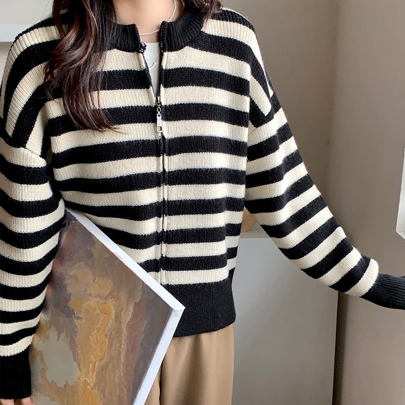 SM-K0029 Pulover de primăvară pentru femei cu gât rotund, pulover cu fermoar în dungi Cardigan tricotat SM-K0029 Pulover de primăvară pentru femei cu gât rotund, pulover cu fermoar în dungi Cardigan tricotat