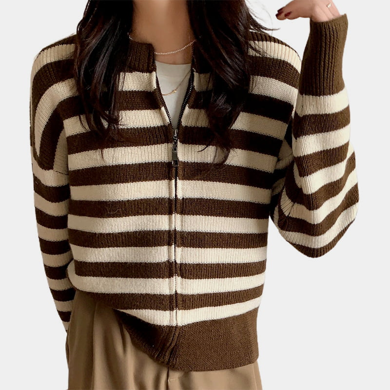 SM-K0029 Pulover de primăvară pentru femei cu gât rotund, pulover cu fermoar în dungi Cardigan tricotat SM-K0029 Pulover de primăvară pentru femei cu gât rotund, pulover cu fermoar în dungi Cardigan tricotat