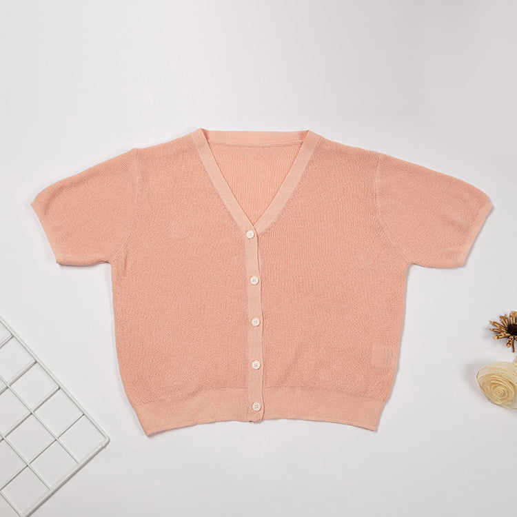 SM-K0046 Cardigan tricotat cu mânecă scurtă, cu decolteu în V, cu nasturi, din inghețat SM-K0046 Cardigan tricotat cu mânecă scurtă, cu decolteu în V, cu nasturi, din inghețat