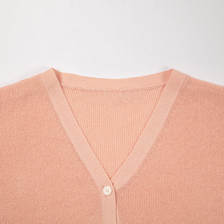 SM-K0046 Cardigan tricotat cu mânecă scurtă, cu decolteu în V, cu nasturi, din inghețat SM-K0046 Cardigan tricotat cu mânecă scurtă, cu decolteu în V, cu nasturi, din inghețat