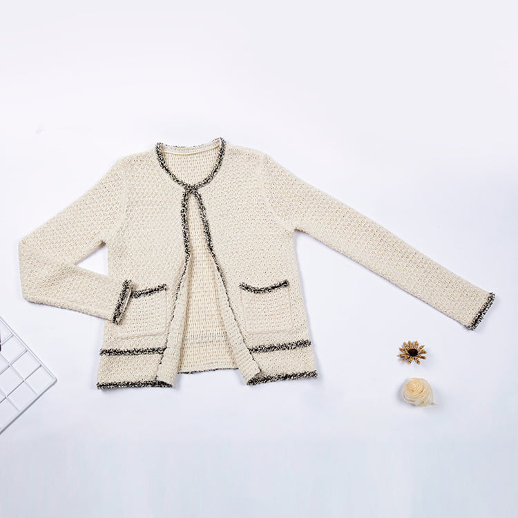 SM-K0049 Cardigan tricotat cu franjuri, de culoare contrastantă, cu gât rotund SM-K0049 Cardigan tricotat cu franjuri, de culoare contrastantă, cu gât rotund