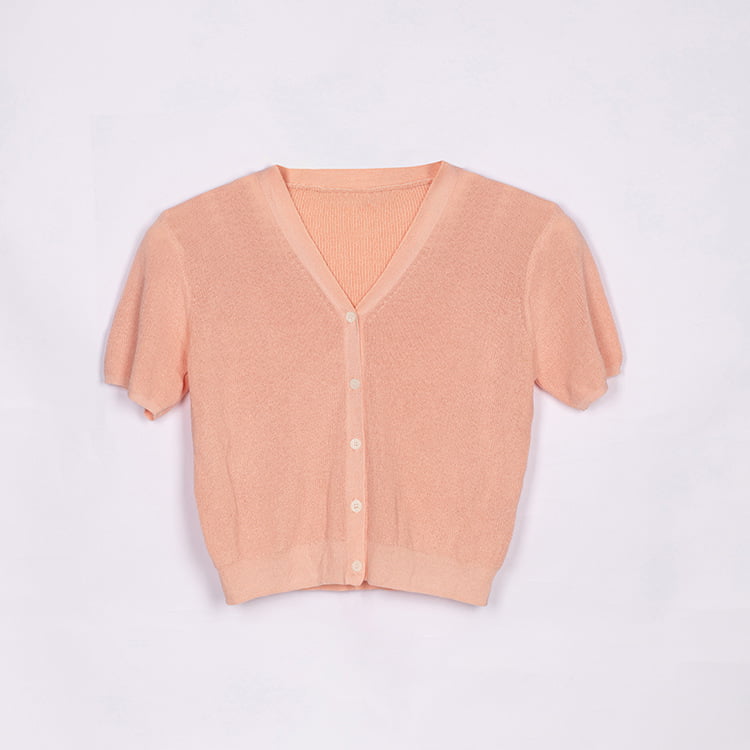 SM-K0046 Cardigan tricotat cu mânecă scurtă, cu decolteu în V, cu nasturi, din inghețat SM-K0046 Cardigan tricotat cu mânecă scurtă, cu decolteu în V, cu nasturi, din inghețat