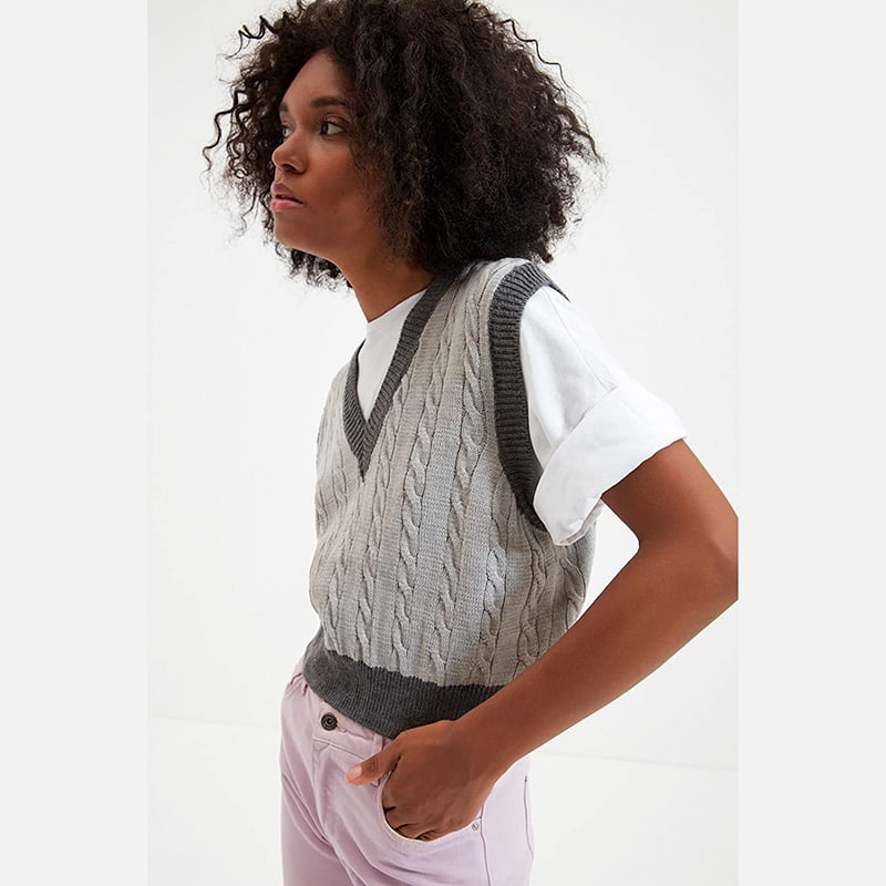 SM-K0100 Vestă contrastantă rafinată din tricot cu decolteu în V SM-K0100 Vestă contrastantă rafinată din tricot cu decolteu în V