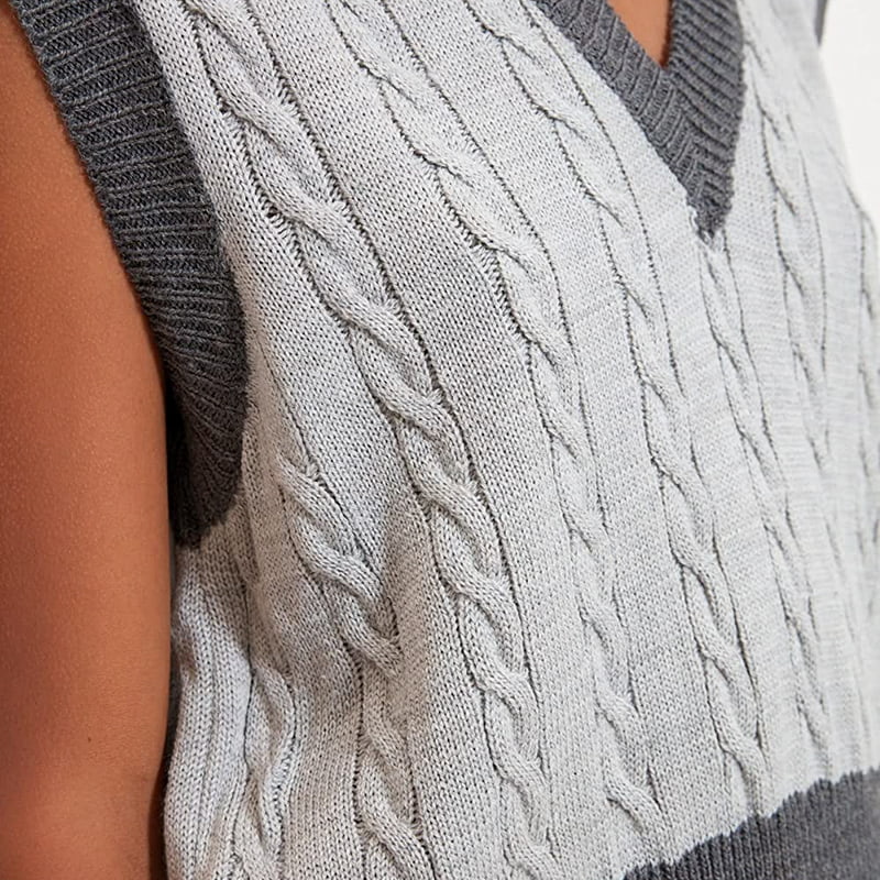 SM-K0100 Vestă contrastantă rafinată din tricot cu decolteu în V SM-K0100 Vestă contrastantă rafinată din tricot cu decolteu în V