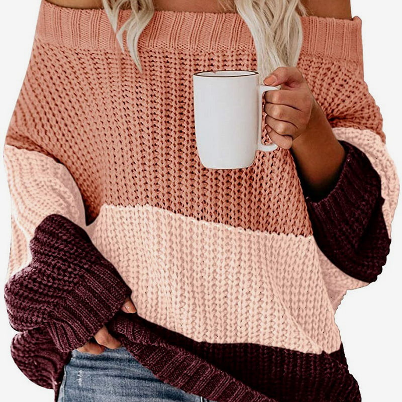 SM-K0080 Pulover tricotat din lână, cu mânecă lungă, cu decolteu, în contrast SM-K0080 Pulover tricotat din lână, cu mânecă lungă, cu decolteu, în contrast