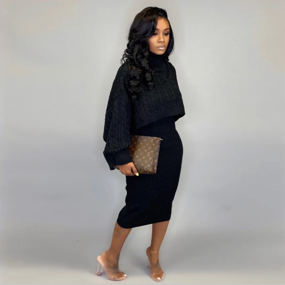 SM-K0091 Rochie tricotată scurtă, cu guler lung, cu mâneci liliac, costum tricotat
