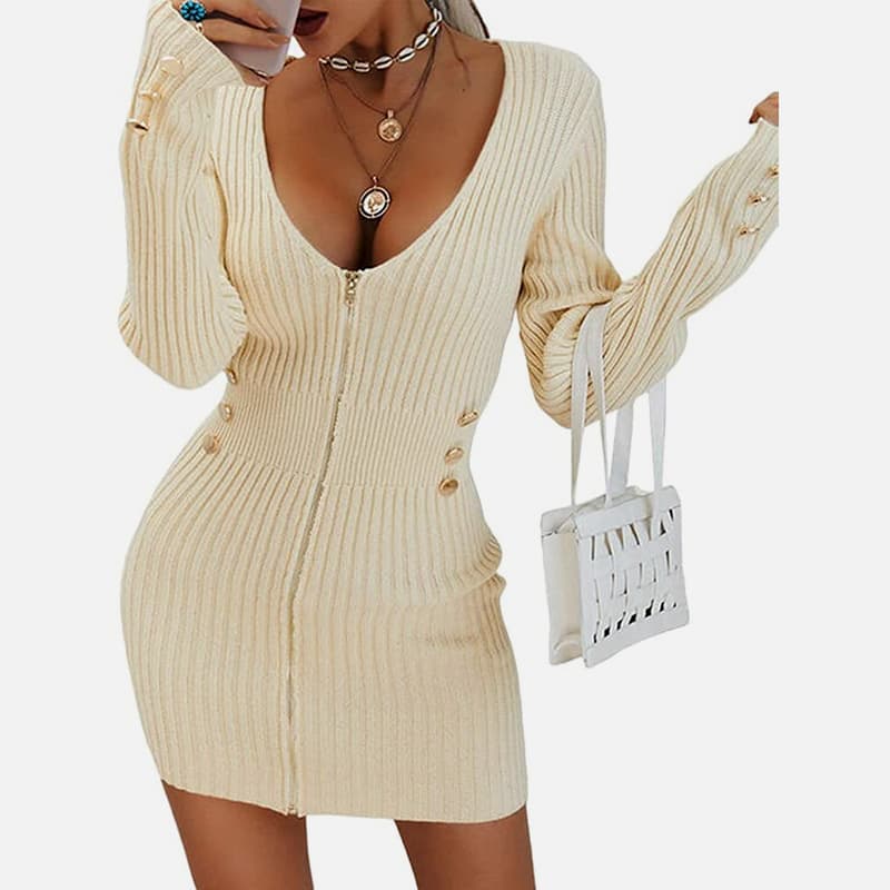 SM-K0078 Rochie tricotată scurtă și subțire, cu mânecă lungă, cu decolteu în V