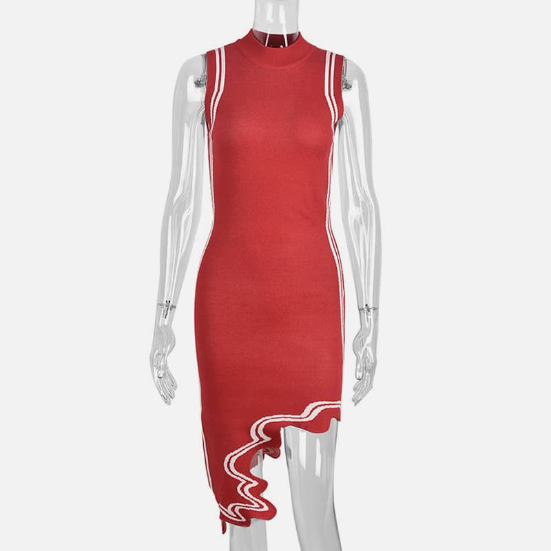 SM-K0079 Rochie tricotată asimetrică fără mâneci cu dungi neregulate