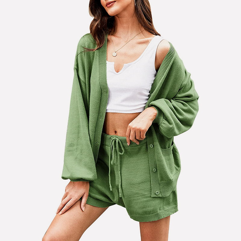 SM-K0092 Cu decolteu în V Temperament Manecă Lantern Pantaloni scurți Jachetă Costum tricotat