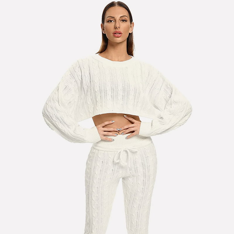 SM-K0094 Jachetă tricotată cu talie scurtă, culoare uni, pantaloni, costum tricotat din două piese