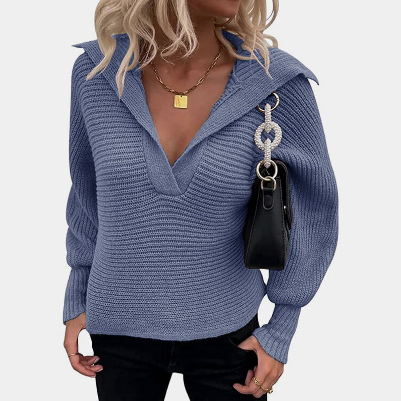 SM-K0075 Pulover tricotat solid, cu mânecă lungă, lanternă, cu decolteu în V