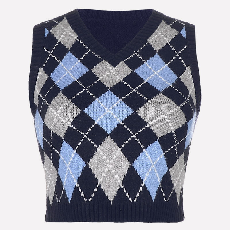 SM-K0058 Vestă scurtă tricotată cu decolteu în V, model geometric cu carouri