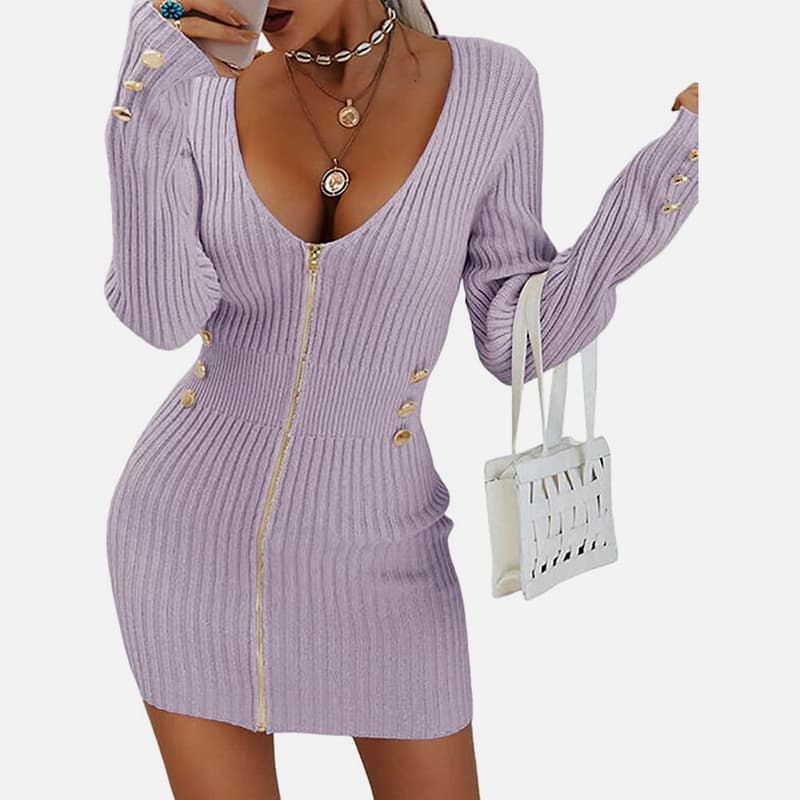 SM-K0078 Rochie tricotată scurtă și subțire, cu mânecă lungă, cu decolteu în V SM-K0078 Rochie tricotată scurtă și subțire, cu mânecă lungă, cu decolteu în V