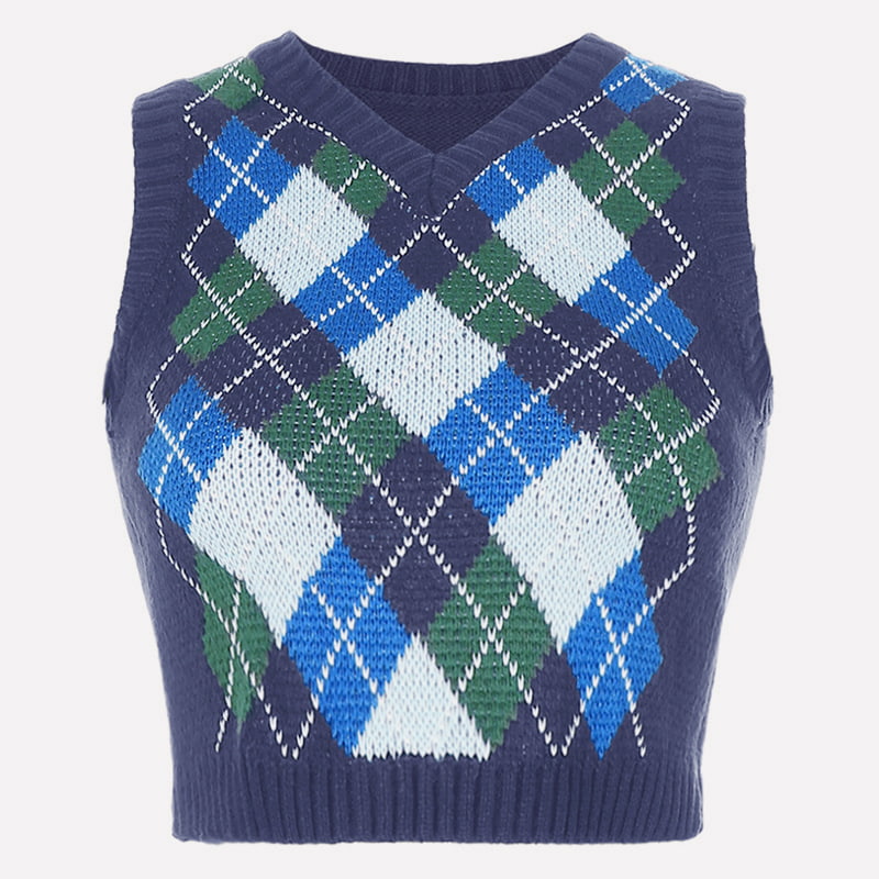 SM-K0058 Vestă scurtă tricotată cu decolteu în V, model geometric cu carouri SM-K0058 Vestă scurtă tricotată cu decolteu în V, model geometric cu carouri