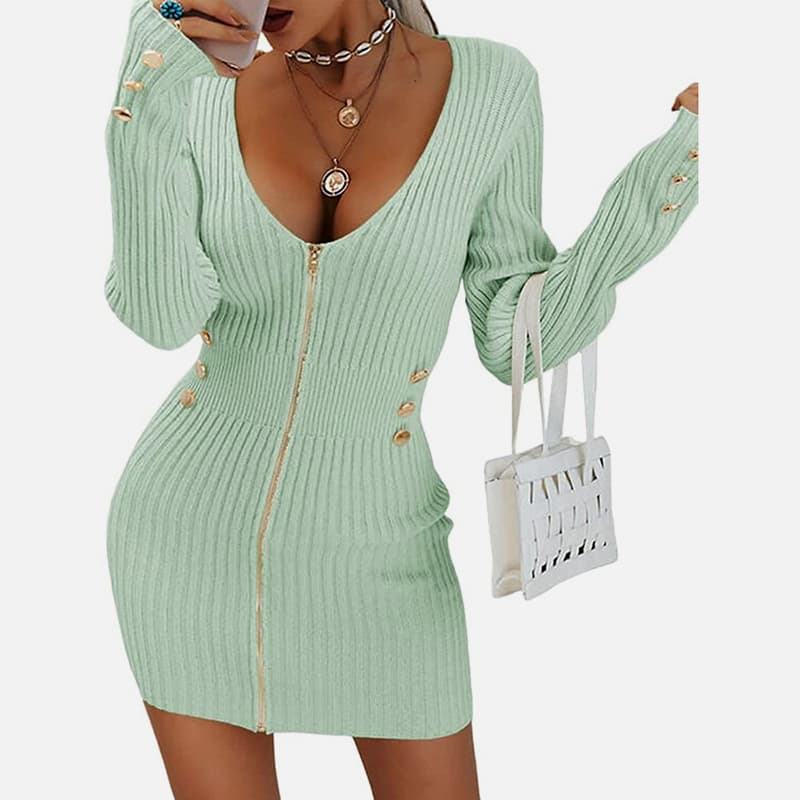 SM-K0078 Rochie tricotată scurtă și subțire, cu mânecă lungă, cu decolteu în V SM-K0078 Rochie tricotată scurtă și subțire, cu mânecă lungă, cu decolteu în V