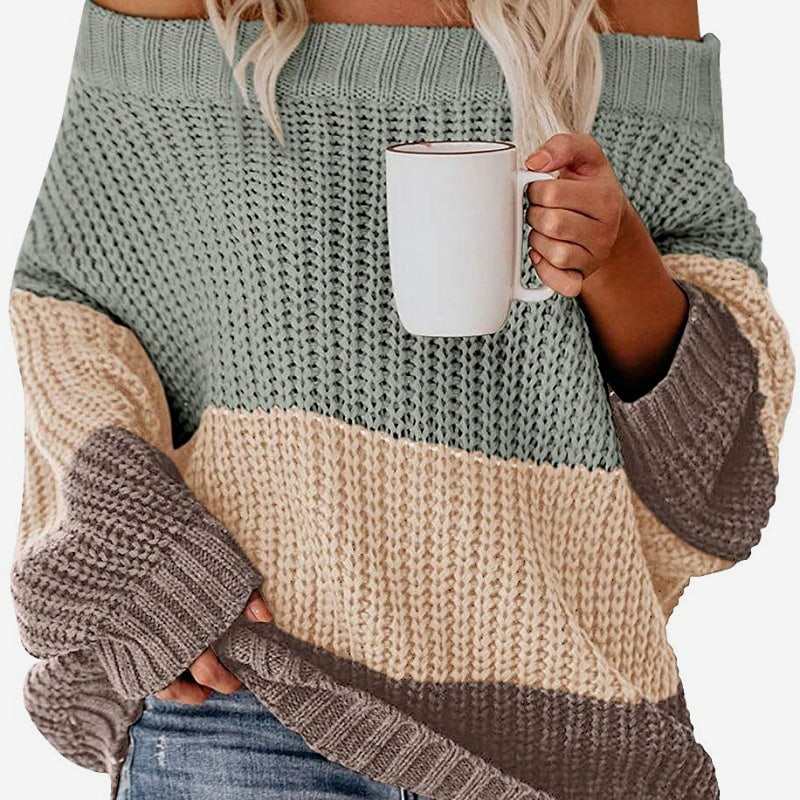 SM-K0080 Pulover tricotat din lână, cu mânecă lungă, cu decolteu, în contrast SM-K0080 Pulover tricotat din lână, cu mânecă lungă, cu decolteu, în contrast