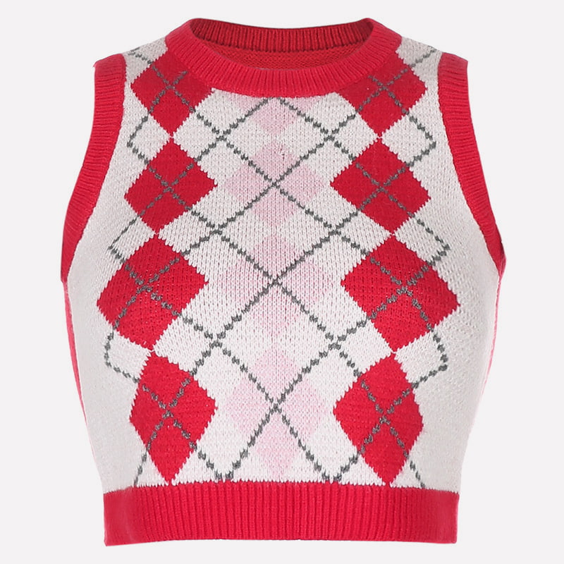 SM-K0058 Vestă scurtă tricotată cu decolteu în V, model geometric cu carouri SM-K0058 Vestă scurtă tricotată cu decolteu în V, model geometric cu carouri