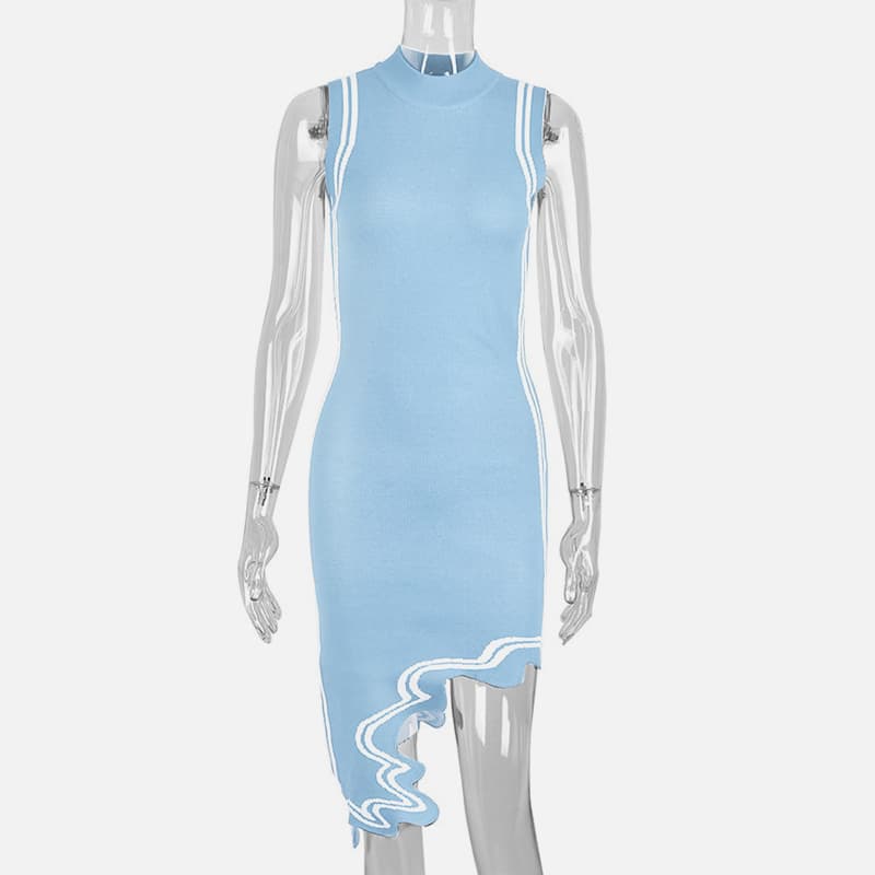 SM-K0079 Rochie tricotată asimetrică fără mâneci cu dungi neregulate SM-K0079 Rochie tricotată asimetrică fără mâneci cu dungi neregulate