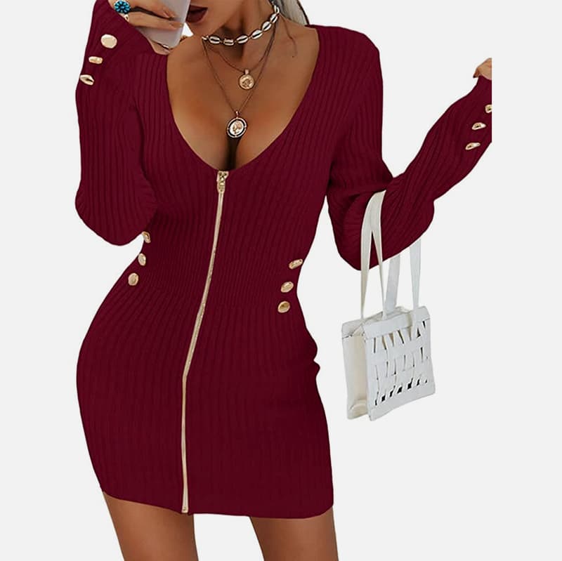 SM-K0078 Rochie tricotată scurtă și subțire, cu mânecă lungă, cu decolteu în V SM-K0078 Rochie tricotată scurtă și subțire, cu mânecă lungă, cu decolteu în V