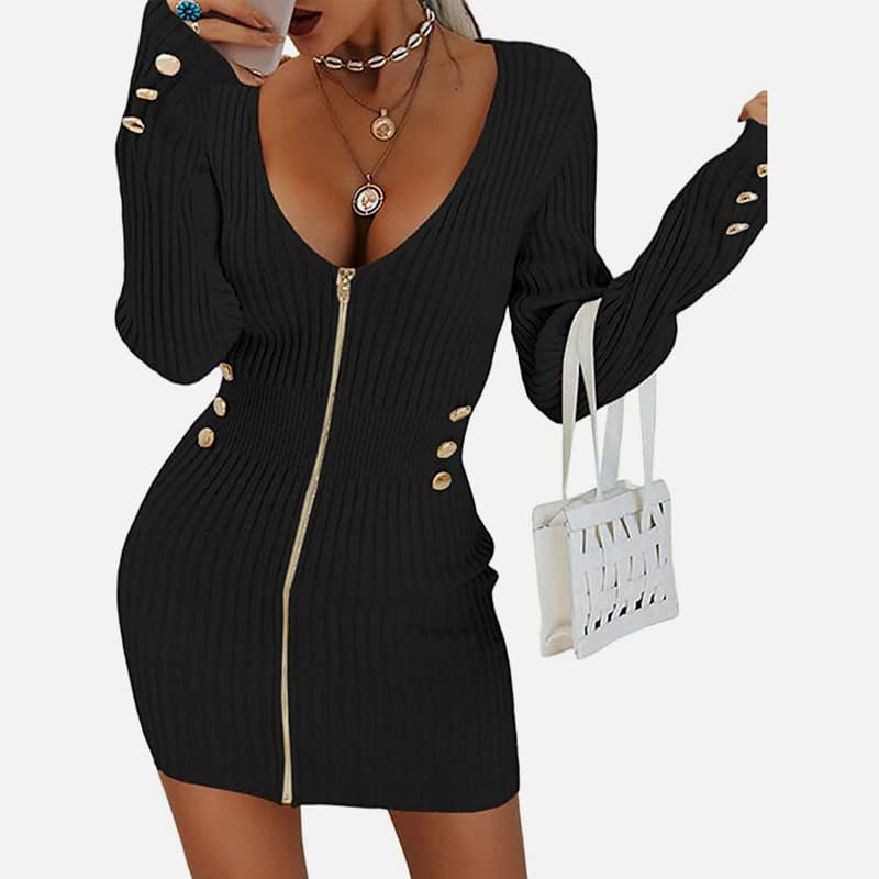 SM-K0078 Rochie tricotată scurtă și subțire, cu mânecă lungă, cu decolteu în V SM-K0078 Rochie tricotată scurtă și subțire, cu mânecă lungă, cu decolteu în V