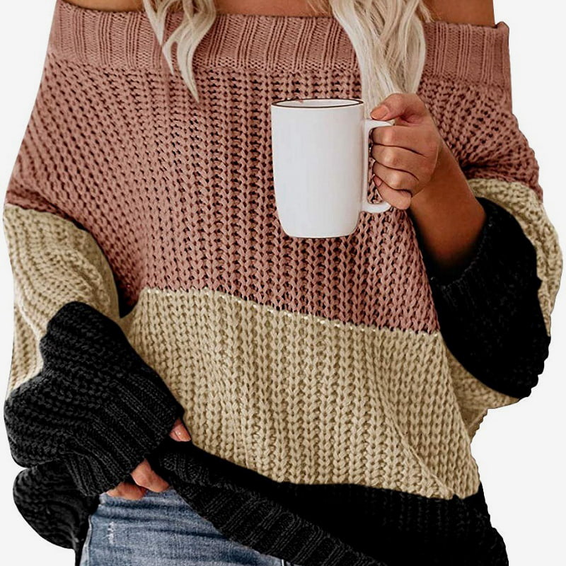 SM-K0080 Pulover tricotat din lână, cu mânecă lungă, cu decolteu, în contrast SM-K0080 Pulover tricotat din lână, cu mânecă lungă, cu decolteu, în contrast