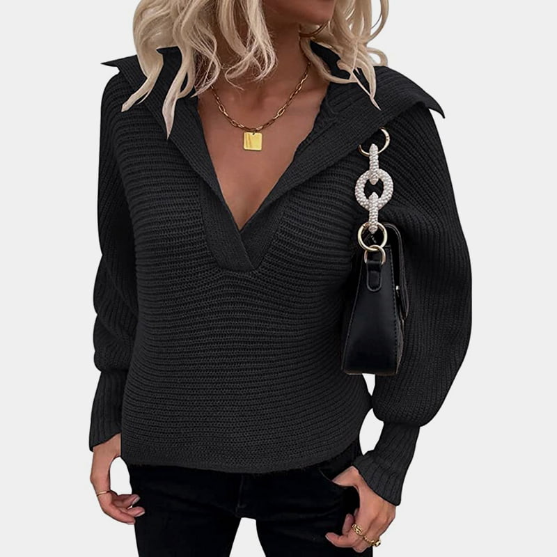 SM-K0075 Pulover tricotat solid, cu mânecă lungă, lanternă, cu decolteu în V SM-K0075 Pulover tricotat solid, cu mânecă lungă, lanternă, cu decolteu în V