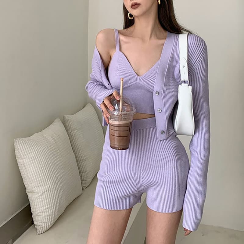 SM-K0112 Vestă și haină sexy moale, ceară, moale + pantaloni scurți Costum tricotat SM-K0112 Vestă și haină sexy moale, ceară, moale + pantaloni scurți Costum tricotat