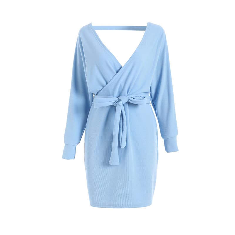 SM-K0076 Rochie tricotată cu șireturi, cu decolteu în V, cu mâneci liliac SM-K0076 Rochie tricotată cu șireturi, cu decolteu în V, cu mâneci liliac