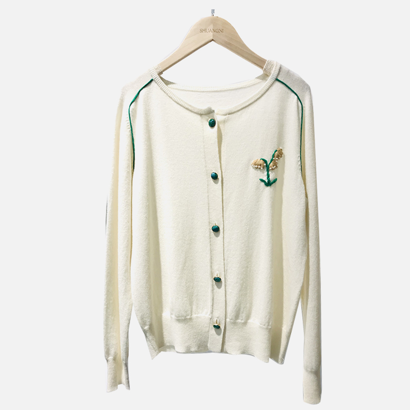 SNS076 Cardigan din tricot cu decolteu roșu, alb, galben, cu model de flori