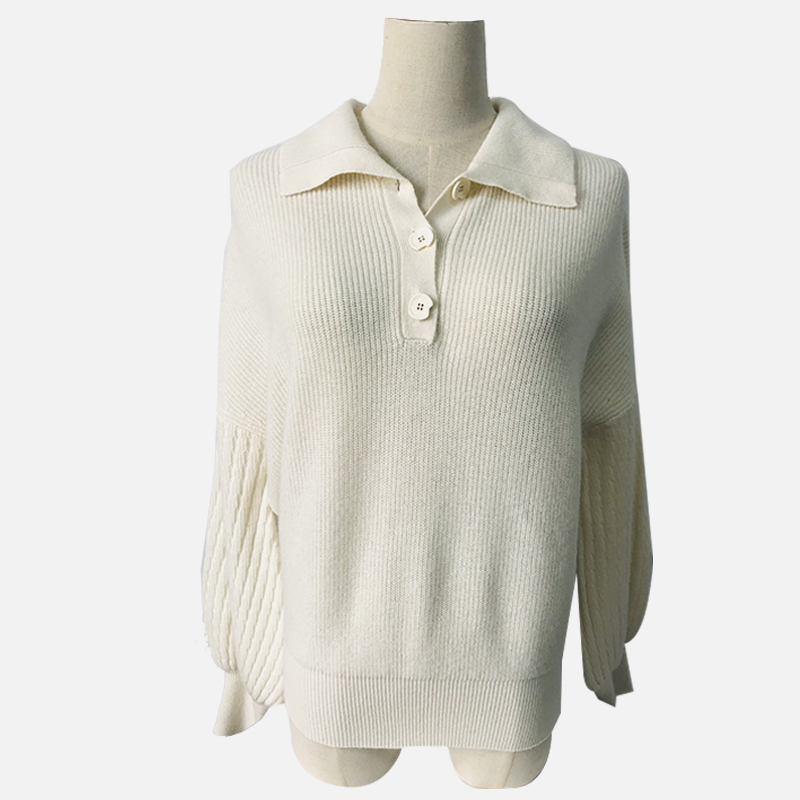 SY104 Pulover alb din tricot din lână, cu mânecă lungă, cu rever, alb